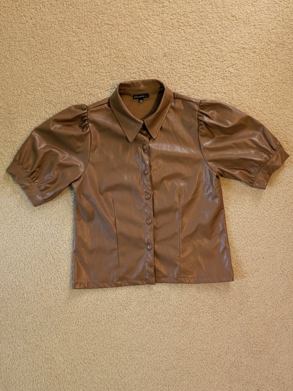 Brown Faux Leather Puff Sleeve Button Front Blouse